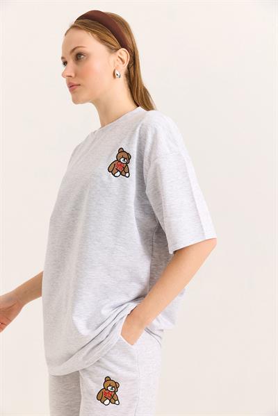 Ayıcık Nakışlı Oversize İki İp Tshirt  Gri