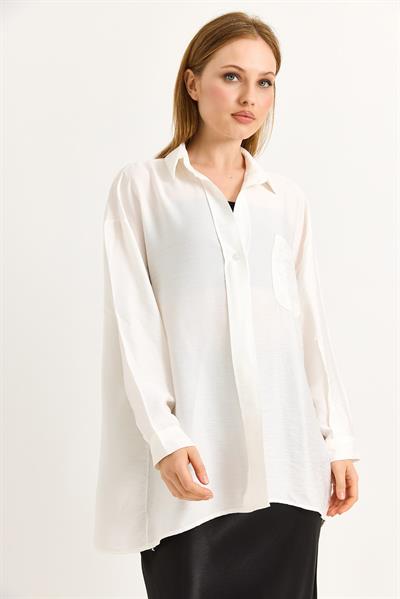 Uzun Kollu Cep Detaylı Basic Gömlek Beyaz