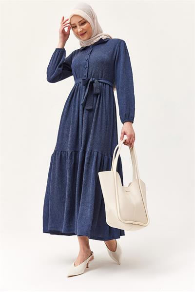 Yarım Düğmeli Beli Kuşaklı Elbise Lacivert