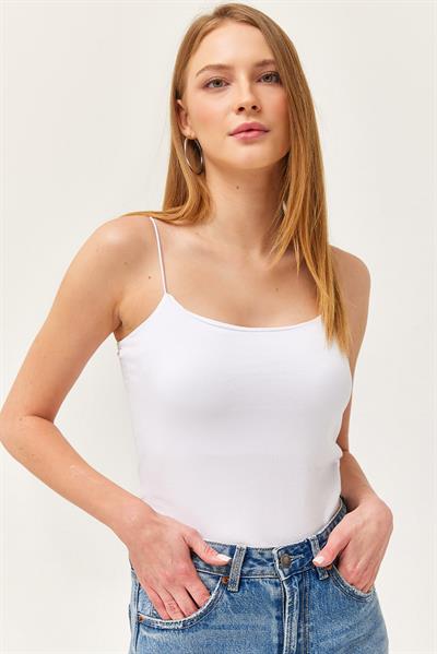 İp Askılı Uzun Crop Bluz Beyaz