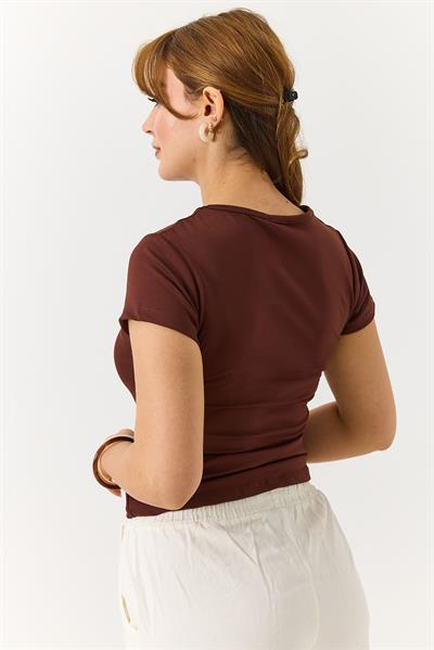 Kadın Basic Bisiklet Yaka Düz Tshirt Kahverengi