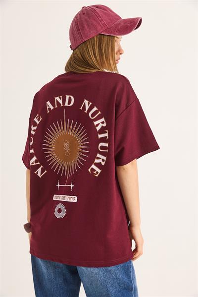 Bisiklet Yaka Kısa Kol Baskılı Tshirt Bordo