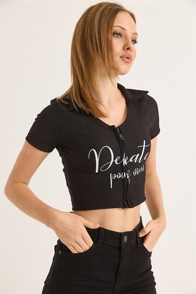 Yakalı Baskı Detaylı Fermuarlı Crop Bluz Siyah
