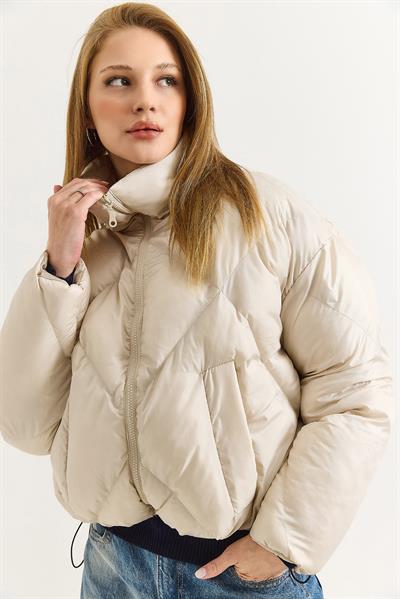 Kadın Oversize Alttan Lastikli Kahverengi Şişme Mont Bej