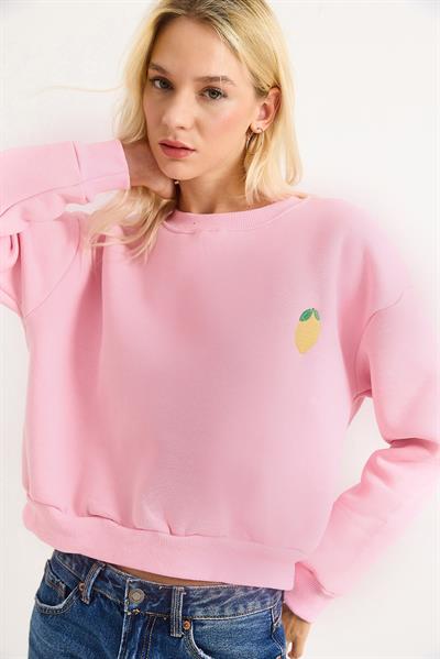 Limon Nakışlı Üç İplik Swetshirt Pembe