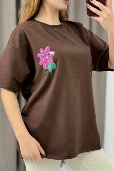 Baskılı Bisiklet Yaka Basic Tshirt Kahverengi