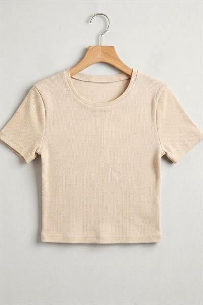 Kadın Bisiklet Yaka Kaşkorse Crop Bluz Bej
