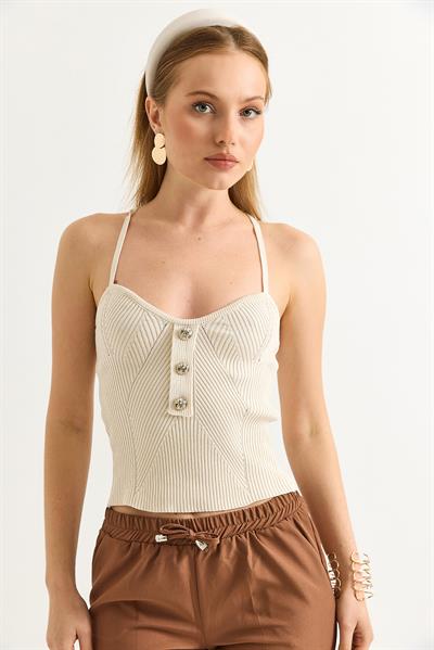 İp Askılı Ajurlu Triko Bluz Bej