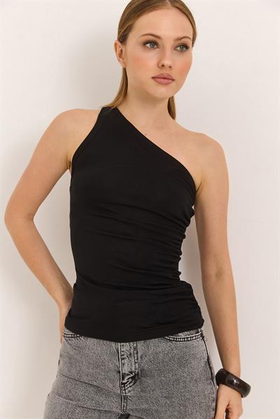 Tek Omuz Esnek Kumaş Bluz Siyah