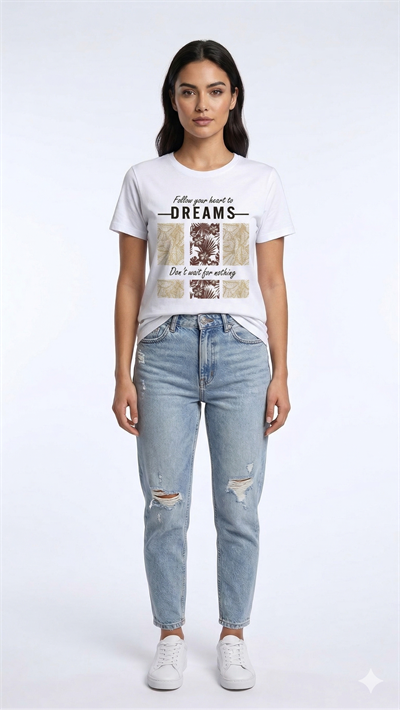 Kadın Bisiklet Yaka Kısa Kollu Baskılı Tshirt Beyaz