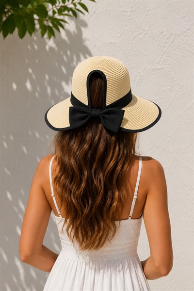 Kadın Kurdele Detaylı Hasır Şapka Bej