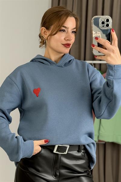 Üç İplik İndigo Kalp Nakışlı Şardonlu Kapişonlu Sweat