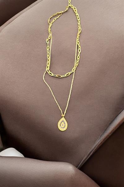 Mavi Ve Beyaz Taşlı İki Zincirli Damla Kolye Gold
