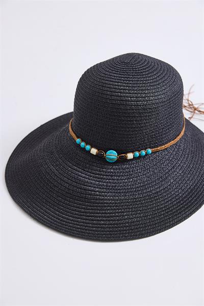 Boncuk Detaylı Hasır Kadın Plaj Şapkası Siyah