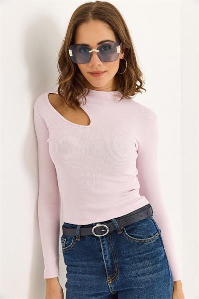 Kadın Fitilli Pencereli Balıkçı Yaka Bluz Pembe