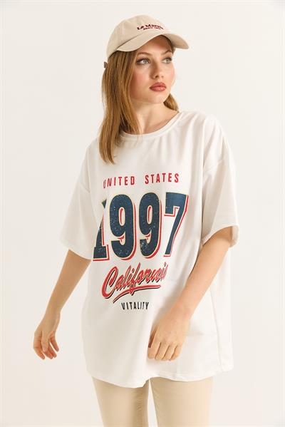 1997 Baskılı Oversize İki İplik Tshirt Beyaz