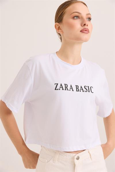 Baskılı Kısa Kol Pamuk Crop Tshirt Beyaz