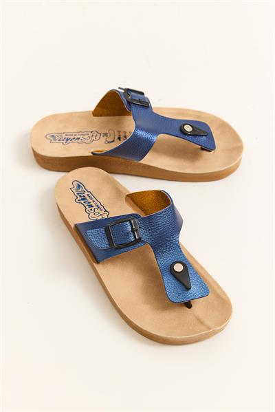 Suni Deri Parmak Arası Terlik Mavi