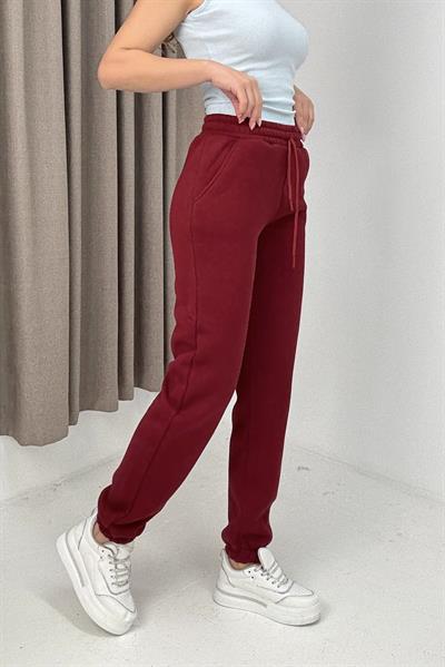 Kadın Kalın Kemerli Beli Paçası Lastikli Eşofman Altı  Bordo