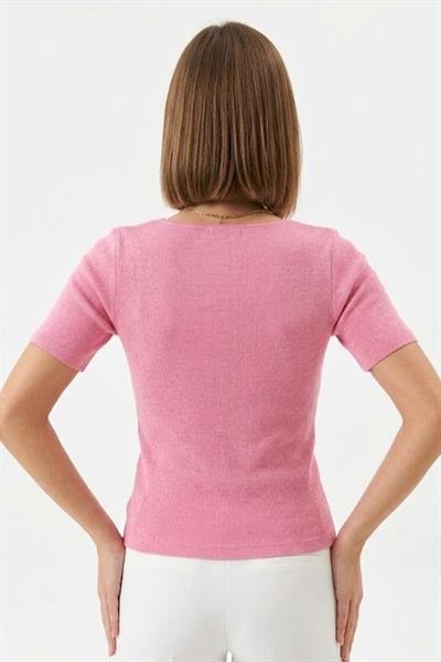 Kadın Kare Yaka Kaşkorse Crop Bluz Pembe