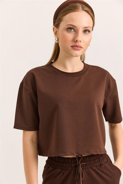 Bisiklet Yaka Havalı Crop İki İp Tshirt  Kahverengi
