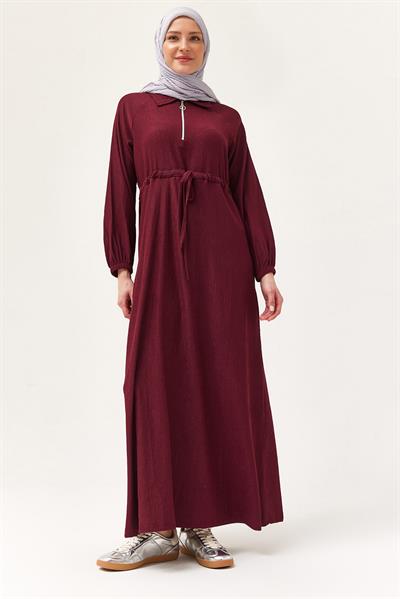 Gömlek Yaka Bel Tünelli Bürümcük Elbise Bordo