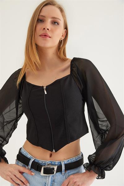 Kare Yaka Kolları Tül Detaylı Fermuarlı Bluz Siyah