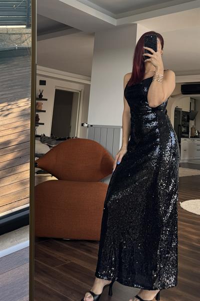 Kadın Full Payet İşlemeli İnce Askılı Şık Gece Elbisesi Siyah