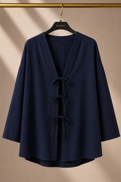 Kadın Oversize Önden Bağlamalı Kot Kimono Lacivert