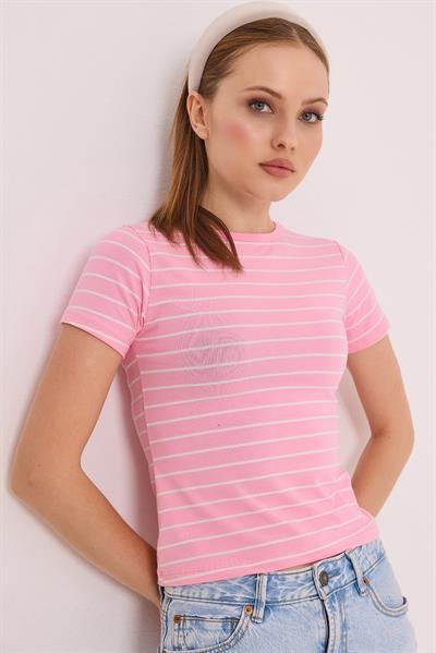 Kısa Kol Likralı Kompak Çizgili Tshirt Pembe