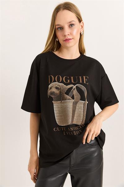 Baskılı Bisiklet Yaka Basic Tshirt Siyah