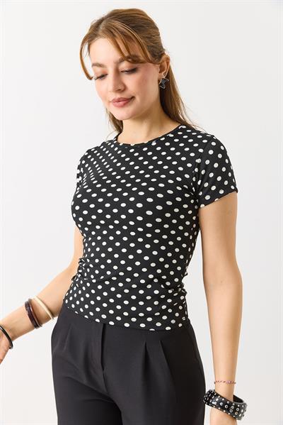 Kadın Puantiyeli Bisiklet Yaka Kısa Kollu Bluz Siyah