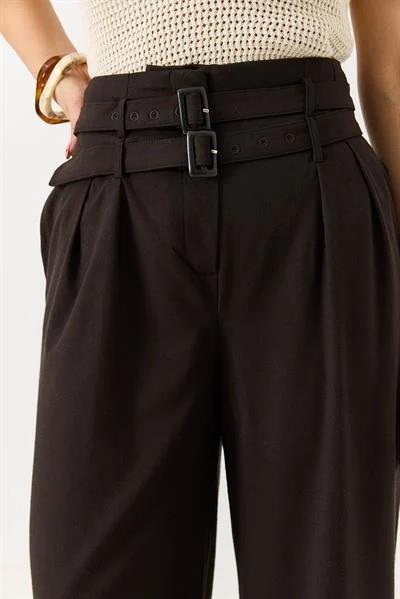 Kadın Çift Kemerli Salaş Kesim Bol Paça Pantolon Kahverengi