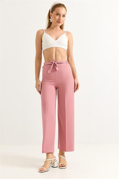 Bel Kuşaklı Bol Paça Krep Pantolon Gül Kurusu