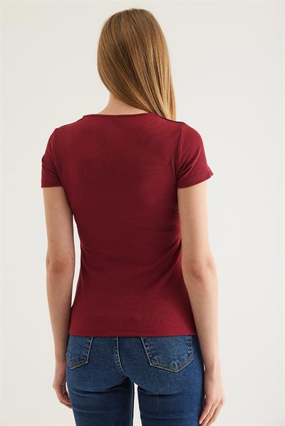 Yaka V Detay Kısa Kol Kaşkorse Bluz Bordo 