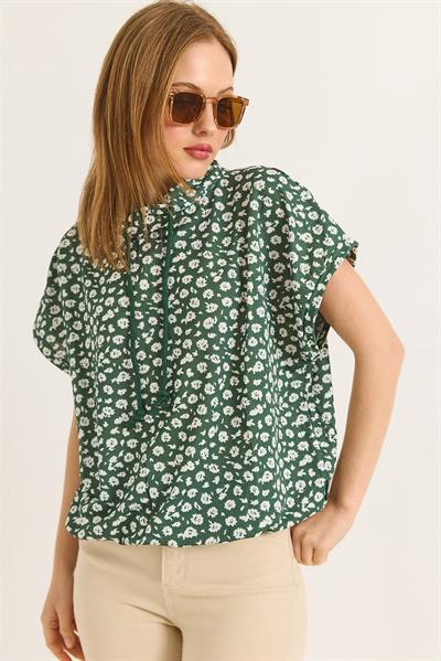 Çiçek Desen Yakası İpil Oversize Bluz Yeşil