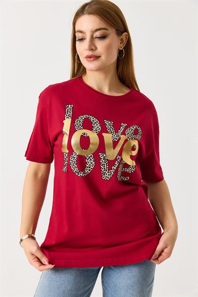 Kadın Bisiklet Yaka Kısa Kol Basic Tshirt Bordo
