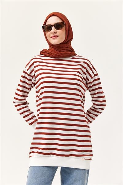 Çizgili Oversize Tunik Kahverengi