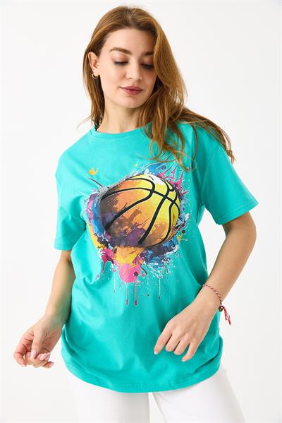 Kadın Basketbol Grafik Baskılı Günlük Tshirt  Yeşil