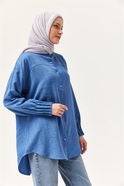 Keten Kumaş Kol Nervül Detaylı Gömlek Tunik Mavi