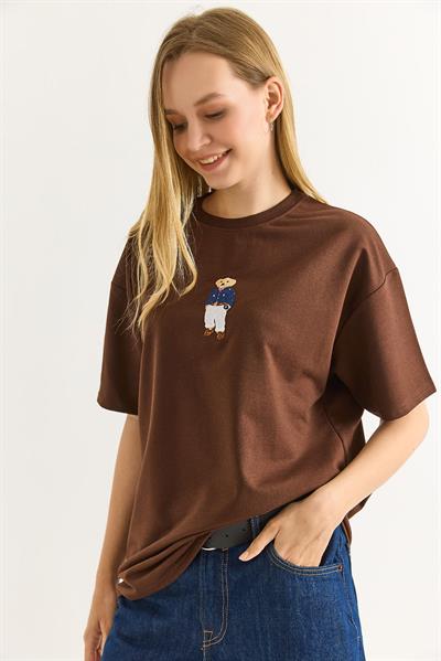 Ayıcık Nakışlı Rahat Kalıplı Tshirt Kahverengi