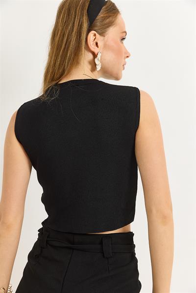 Bisiklet Yaka Sıfır Kol Crop Bluz Siyah