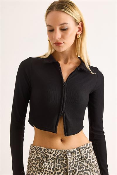 Kadın Polo Yaka Fermuarlı  Fitilli Kaşkorse Crop Siyah