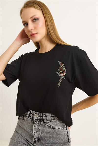 Taş Baskılı Kuş Motifli Bisiklet Yaka Tshirt Siyah