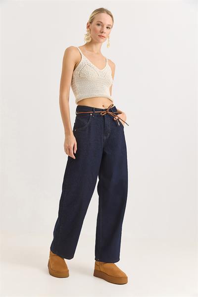 Kadın Deri Kemerli Bol Paça Kot Pantalon  Lacivert