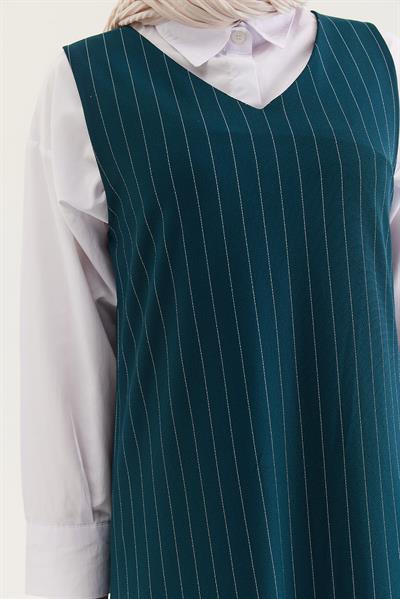 Çizgili Sıfır Kol Beli Kuşaklı Elbise Yeşil