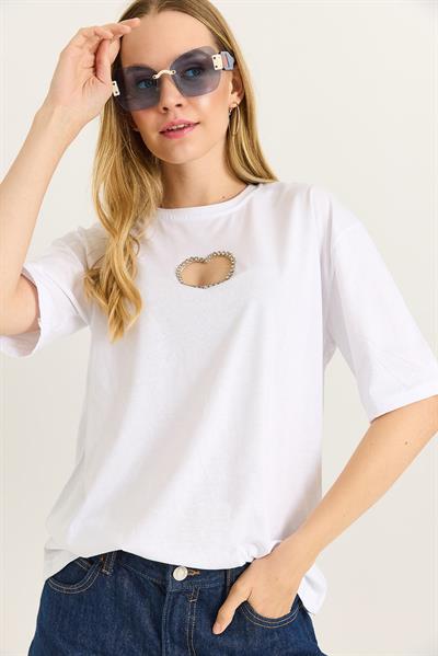 Kalp Dekolteli Bisiklet Yaka Tshirt Beyaz