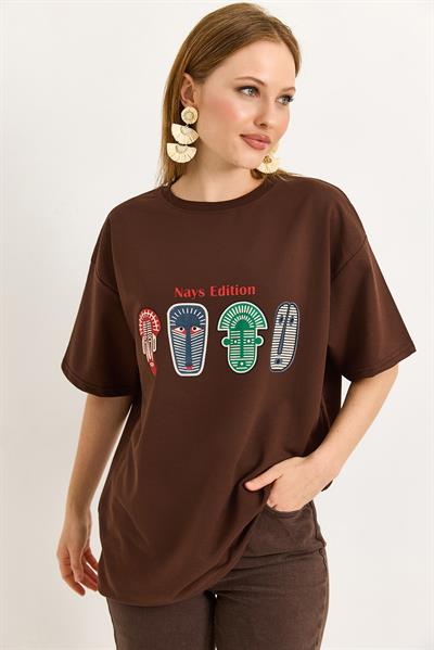 Baskılı Oversize Tshirt Kahverengi