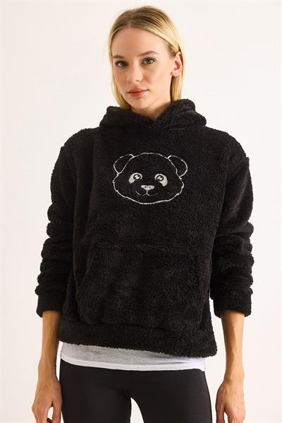 Kapüşonlu Nakış İşlemeli Peluş Sweatshirt  Siyah
