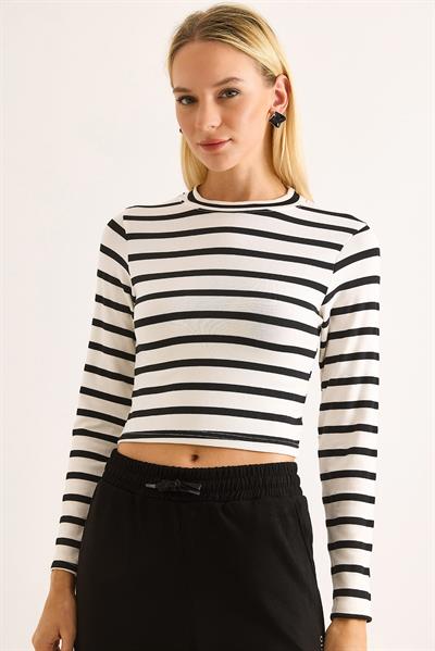Kadın Çizgi Desenli Crop Bluz Siyah